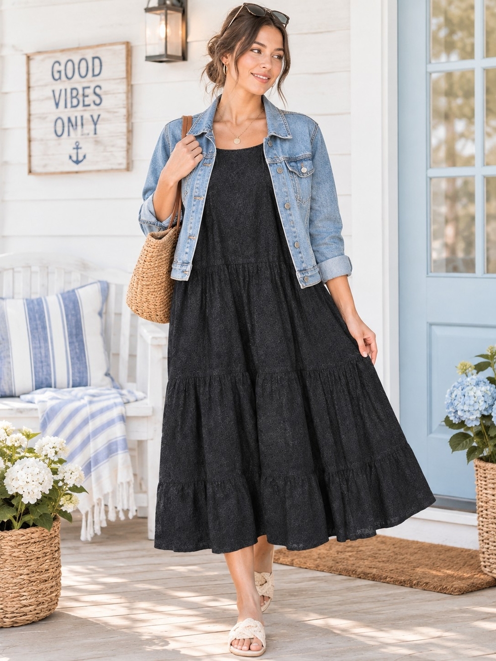 Women's Black Tiered Midi Dress